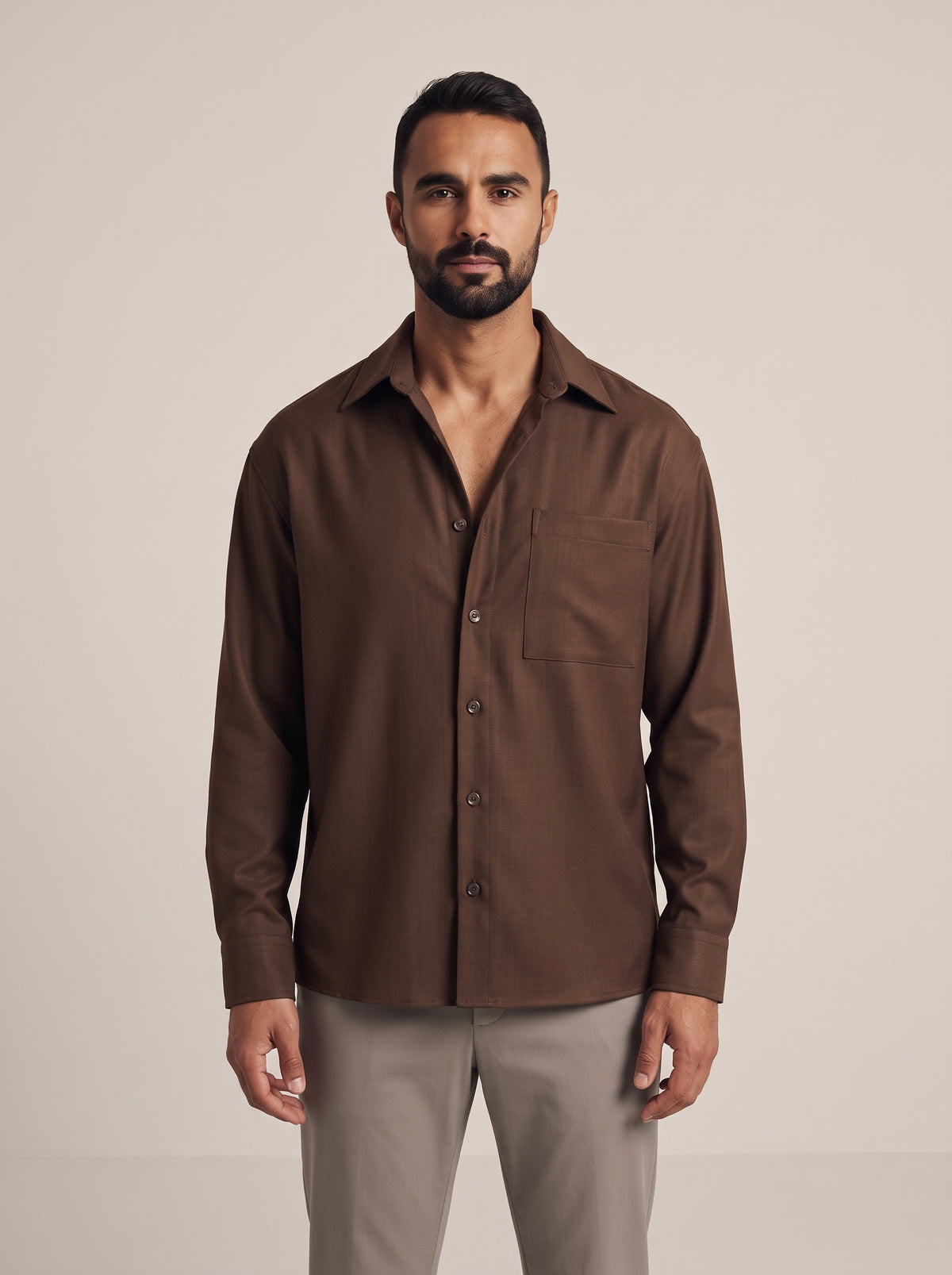 IVO Rhiza Shirt in Brown, breathable non-wrinkle men's shirt, front view