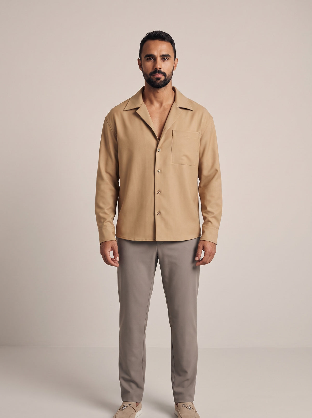 IVO Rhiza Shirt in Camel, breathable non-wrinkle men's shirt, front view