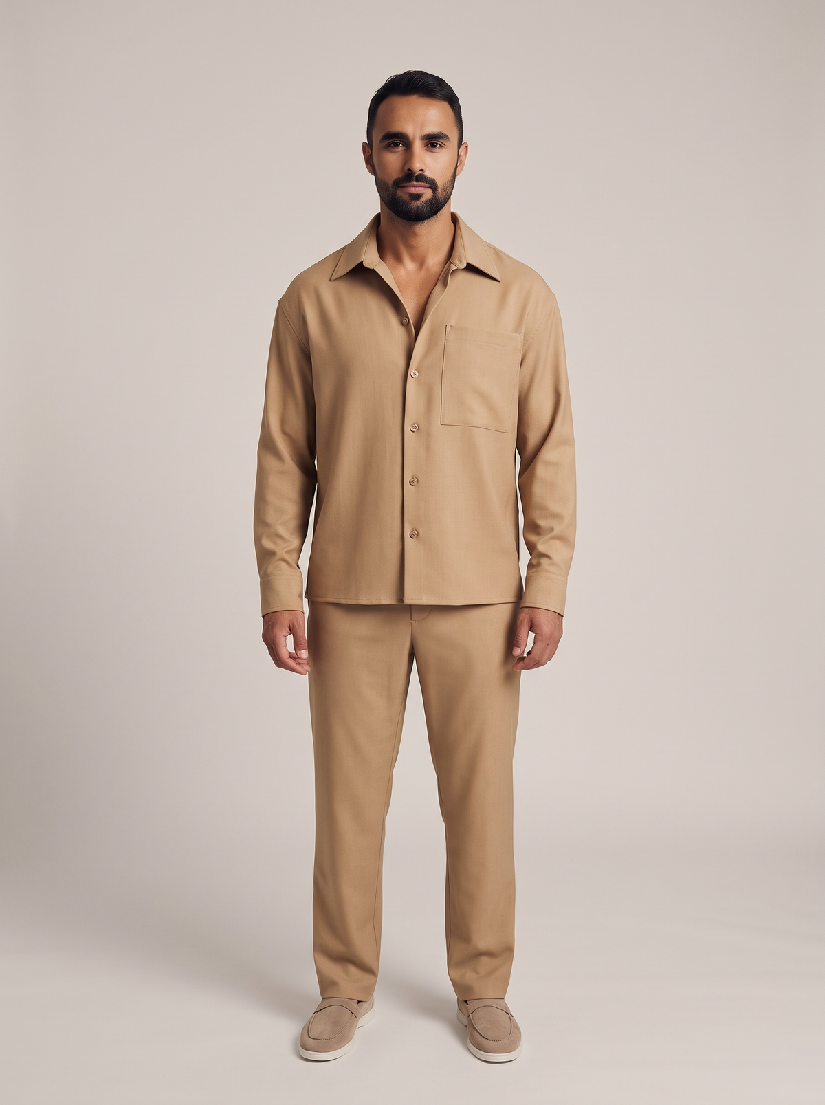 IVO Rhiza Set in Camel, non-wrinkle men's shirt and trouser set, front view