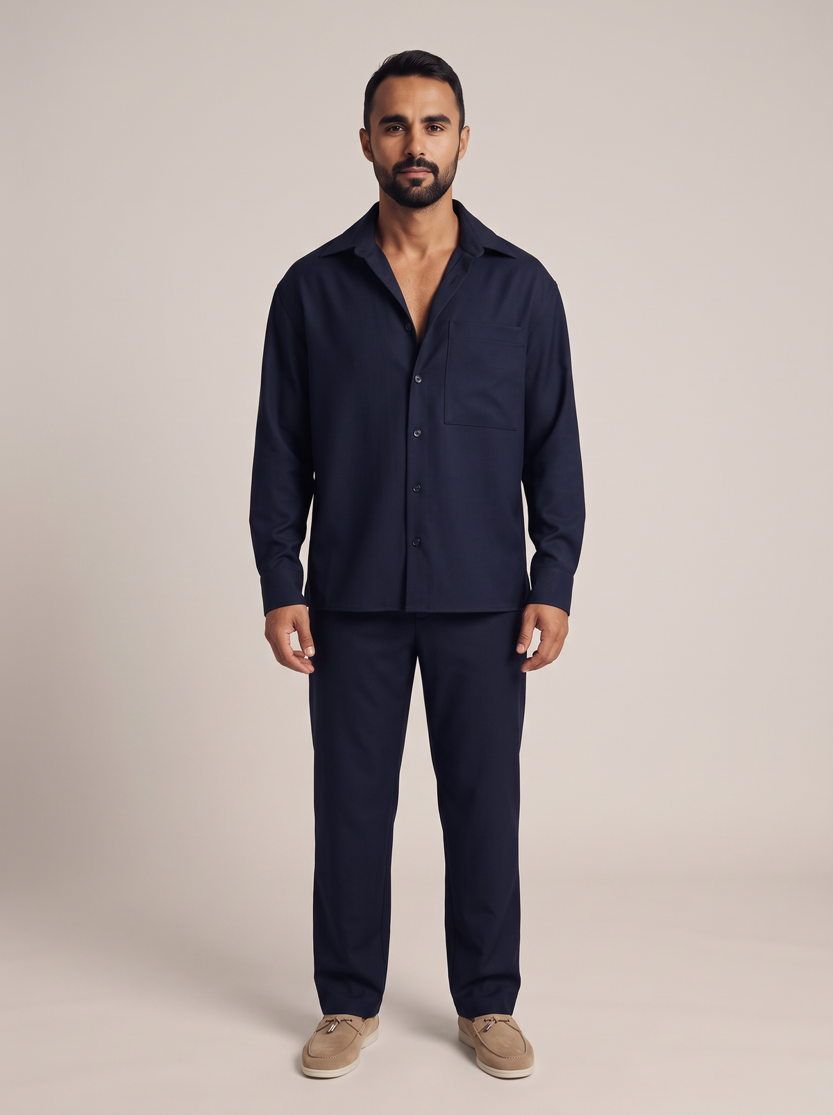 IVO Rhiza Set in Navy, non-wrinkle men's shirt and trouser set, front view