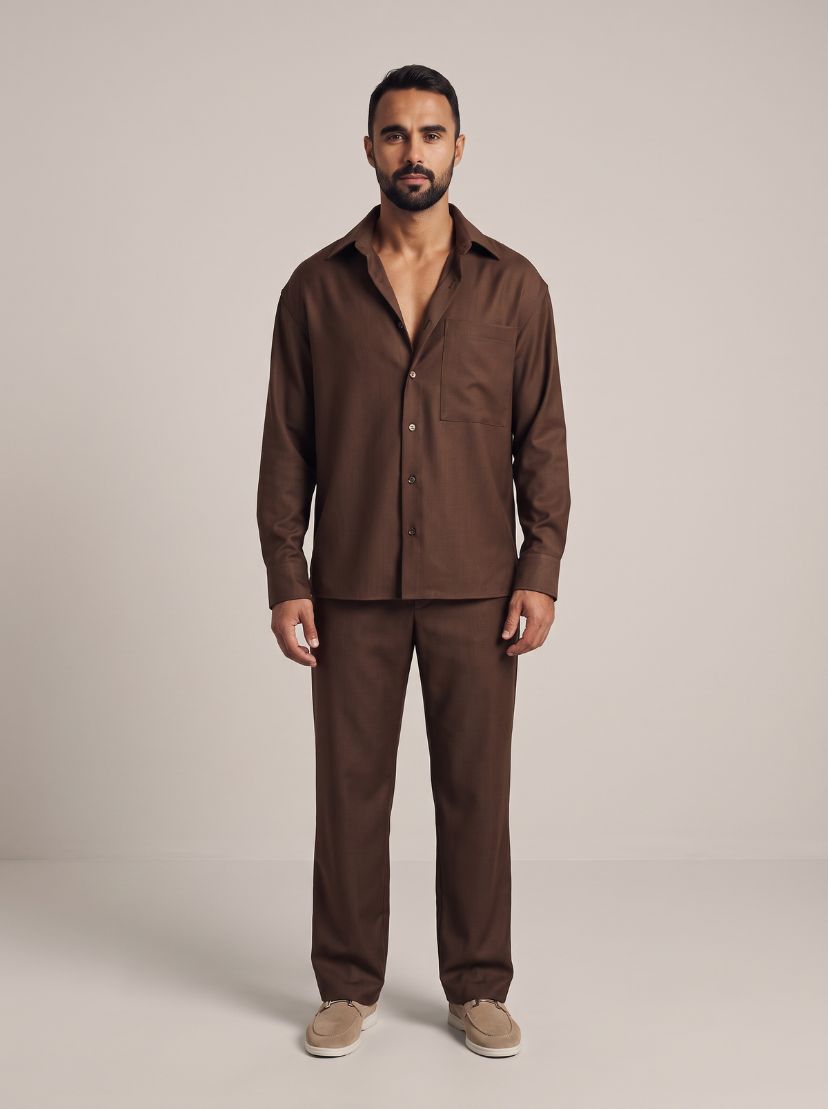 IVO Rhiza Set in Brown, non-wrinkle men's shirt and trouser set, front view