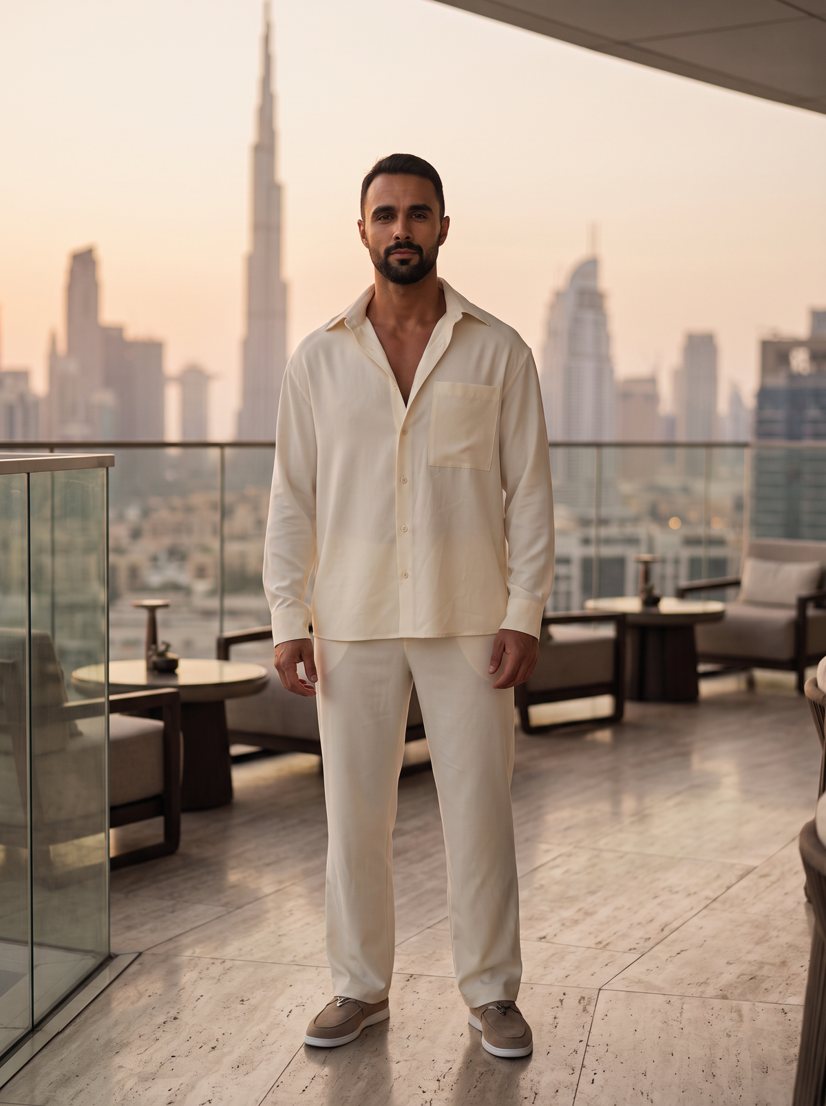 IVO Champagne suit set Dubai rooftop at dusk