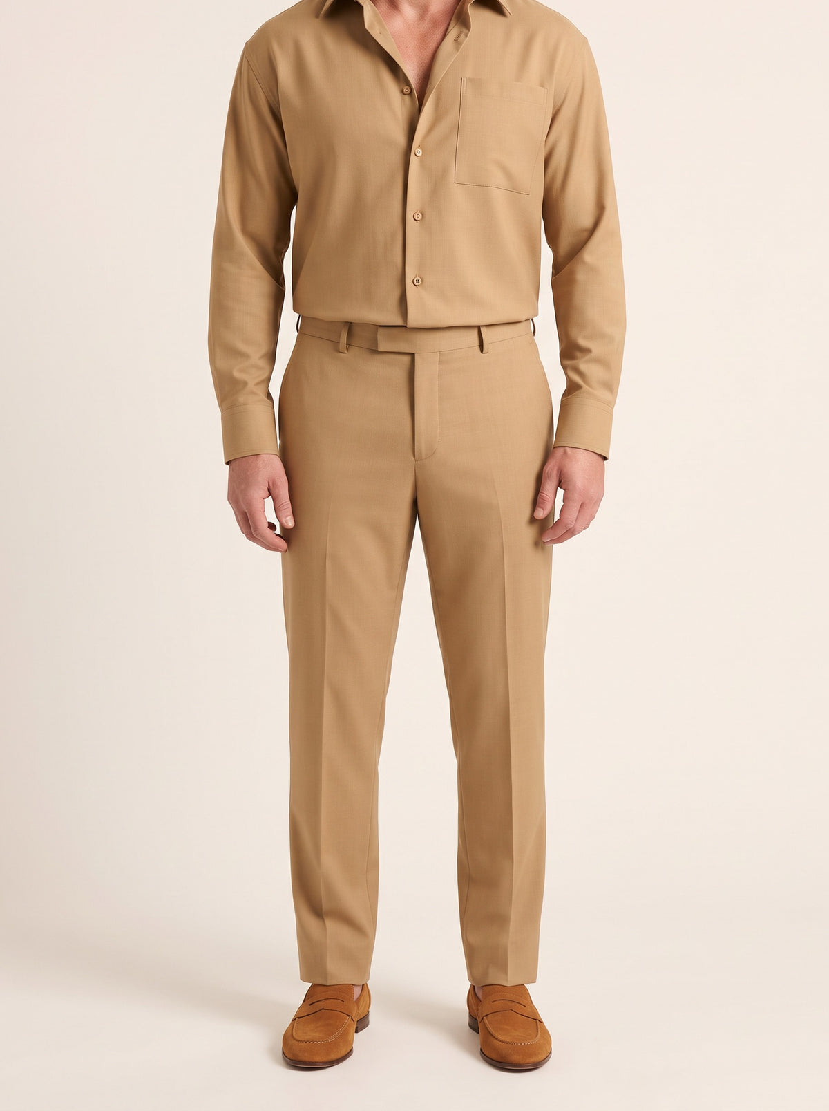 IVO Rhiza Trouser in Camel, non-wrinkle tailored men's trousers, front view