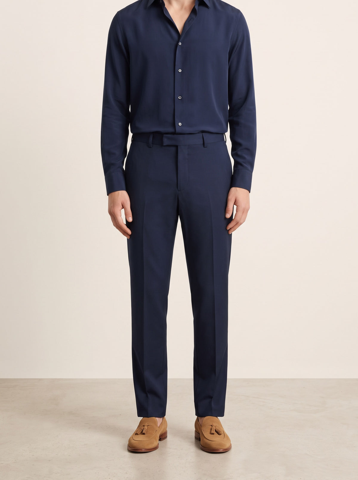 IVO Rhiza Trouser in Navy, non-wrinkle tailored men's trousers, front view