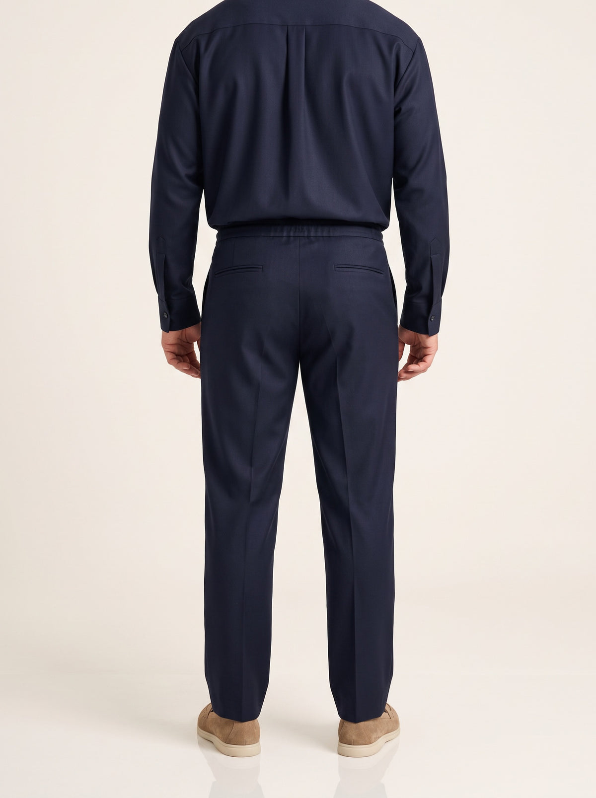 IVO Rhiza Trouser in Navy, non-wrinkle tailored men's trousers, back view