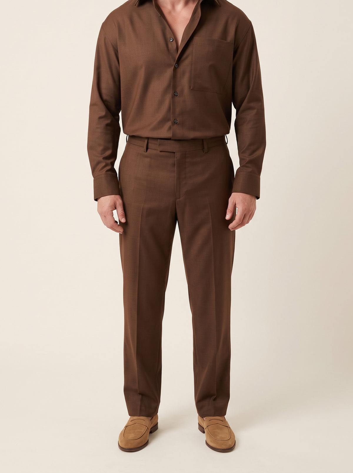 IVO Rhiza Trouser in Brown, non-wrinkle tailored men's trousers, front view